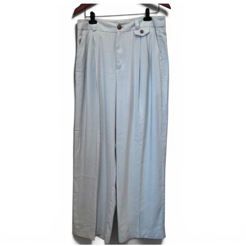 A New Day Trousers Rayon Pleated Wide Leg Light Blue Coastal Workwear 10